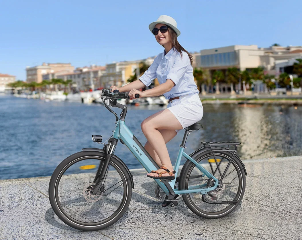 Rider on a P275 SE e-bike along a harbour promenade