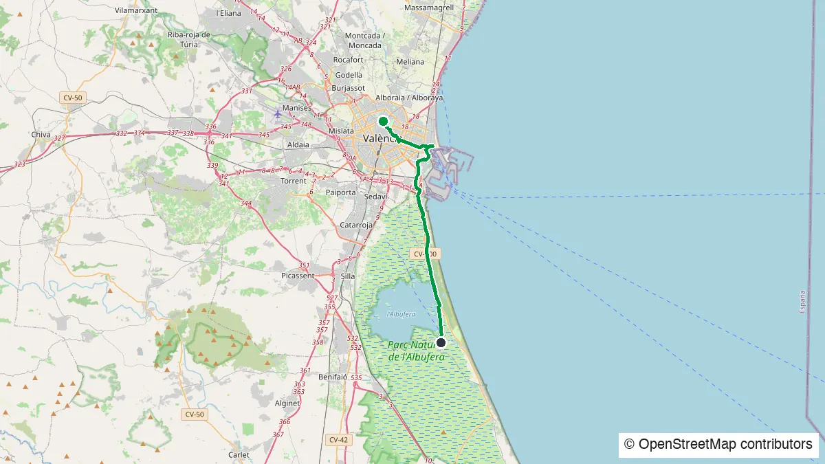 Mapa de la ruta en bici a la Albufera desde Valencia — © OpenStreetMap contributors