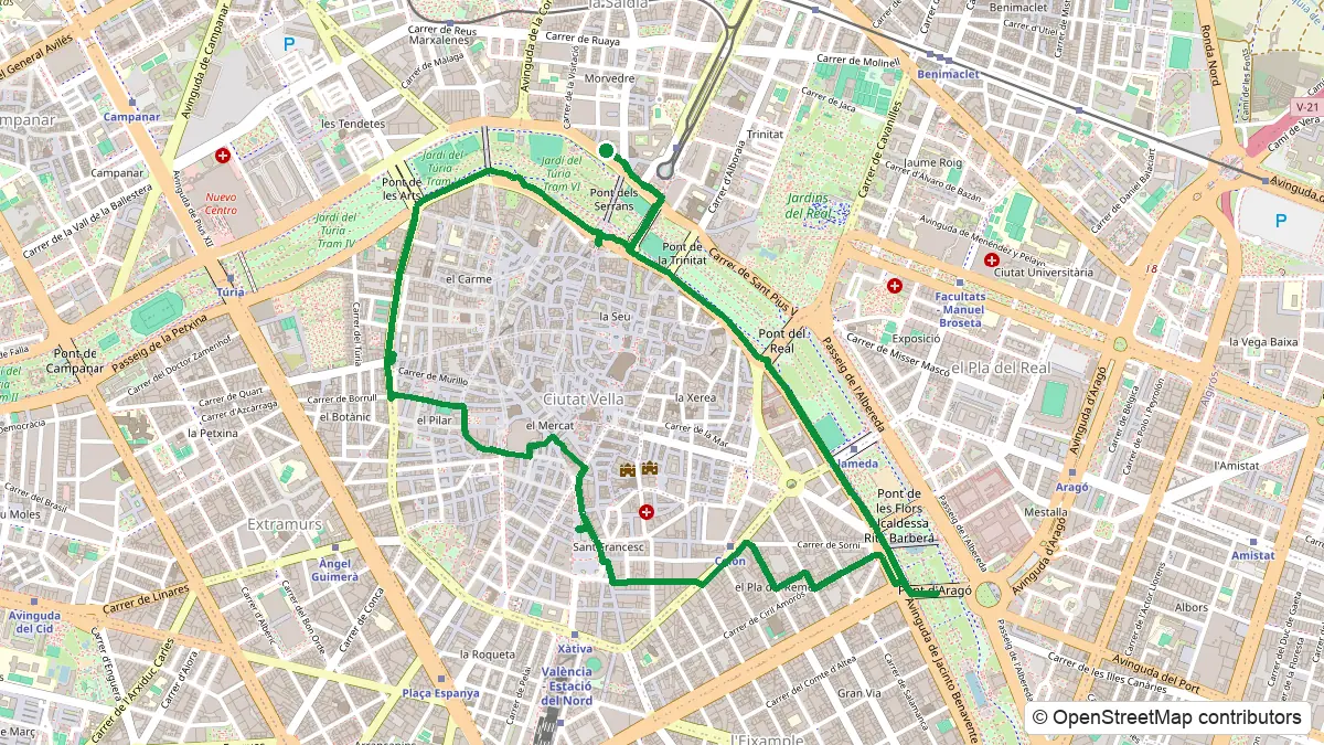 Mapa de la ruta en bici por el centro histórico de Valencia desde Guadalaviar 3 — © OpenStreetMap contributors