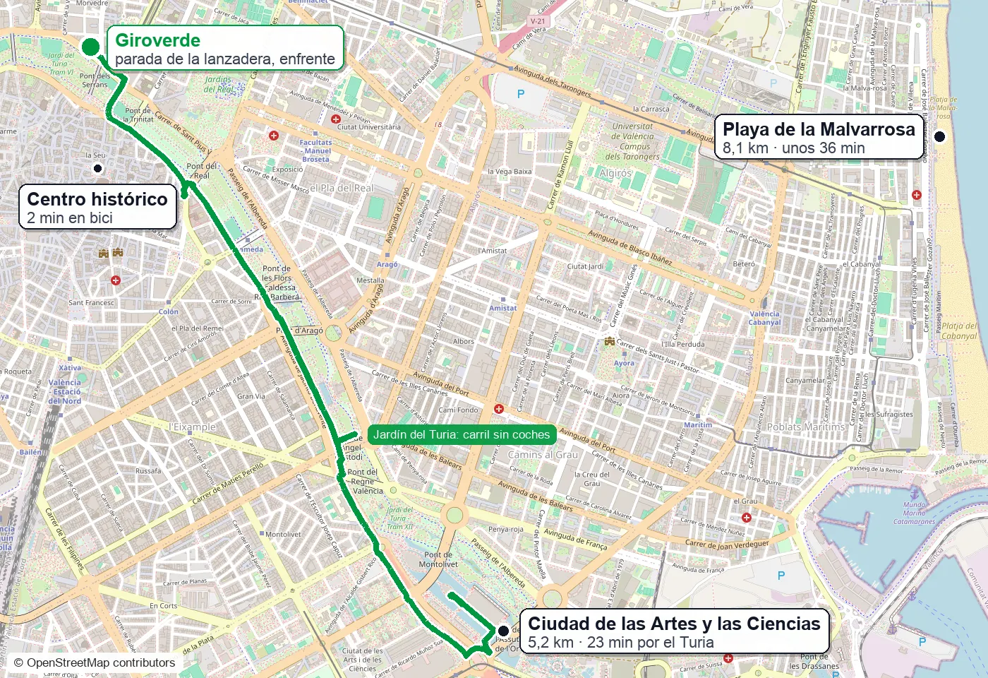 Mapa: Giroverde y la parada de la lanzadera, el centro histórico, el carril del Jardín del Turia hasta la Ciudad de las Artes y las Ciencias y la playa de la Malvarrosa