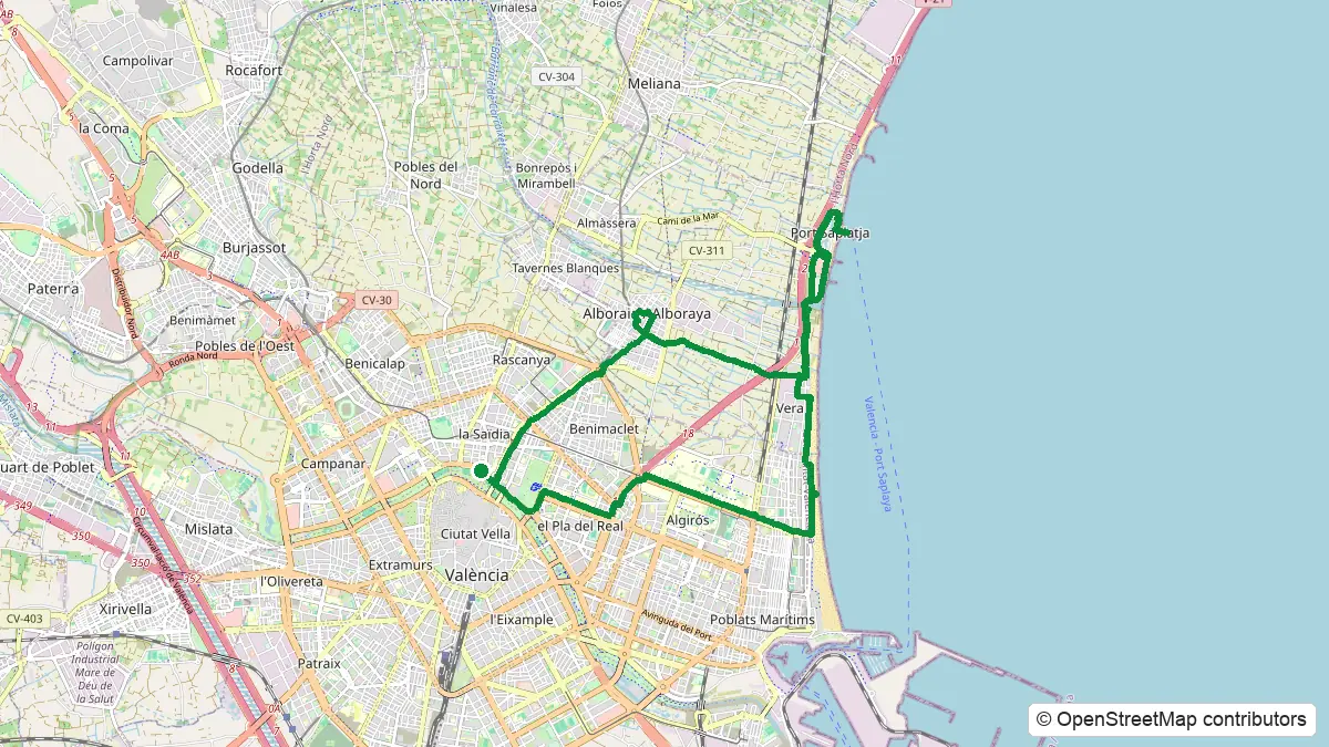 Mapa de la ruta en bici por la huerta de Valencia: Alboraya, Port Saplaya y la Patacona desde Guadalaviar 3 — © OpenStreetMap contributors