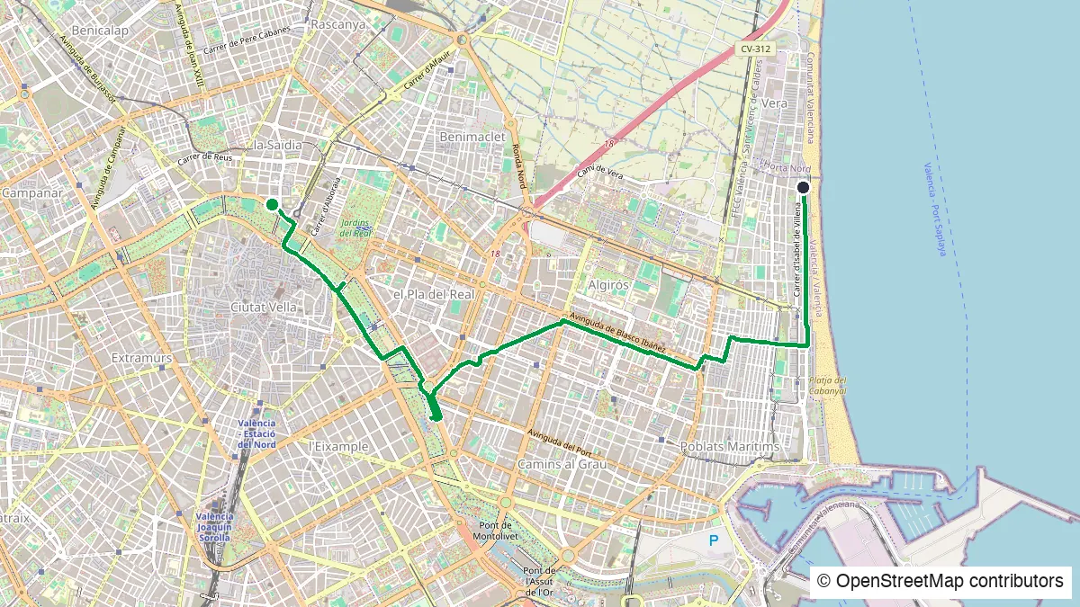 Mapa de la ruta en bici a la playa de la Malvarrosa desde Valencia — © OpenStreetMap contributors