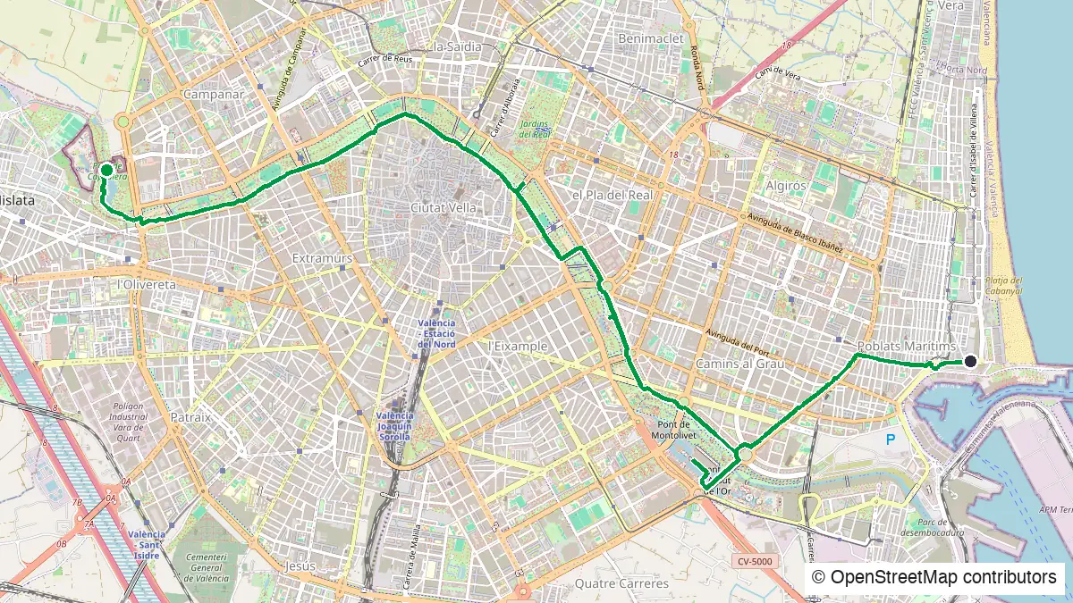 Mapa de la ruta en bici del Jardín del Turia en Valencia — © OpenStreetMap contributors